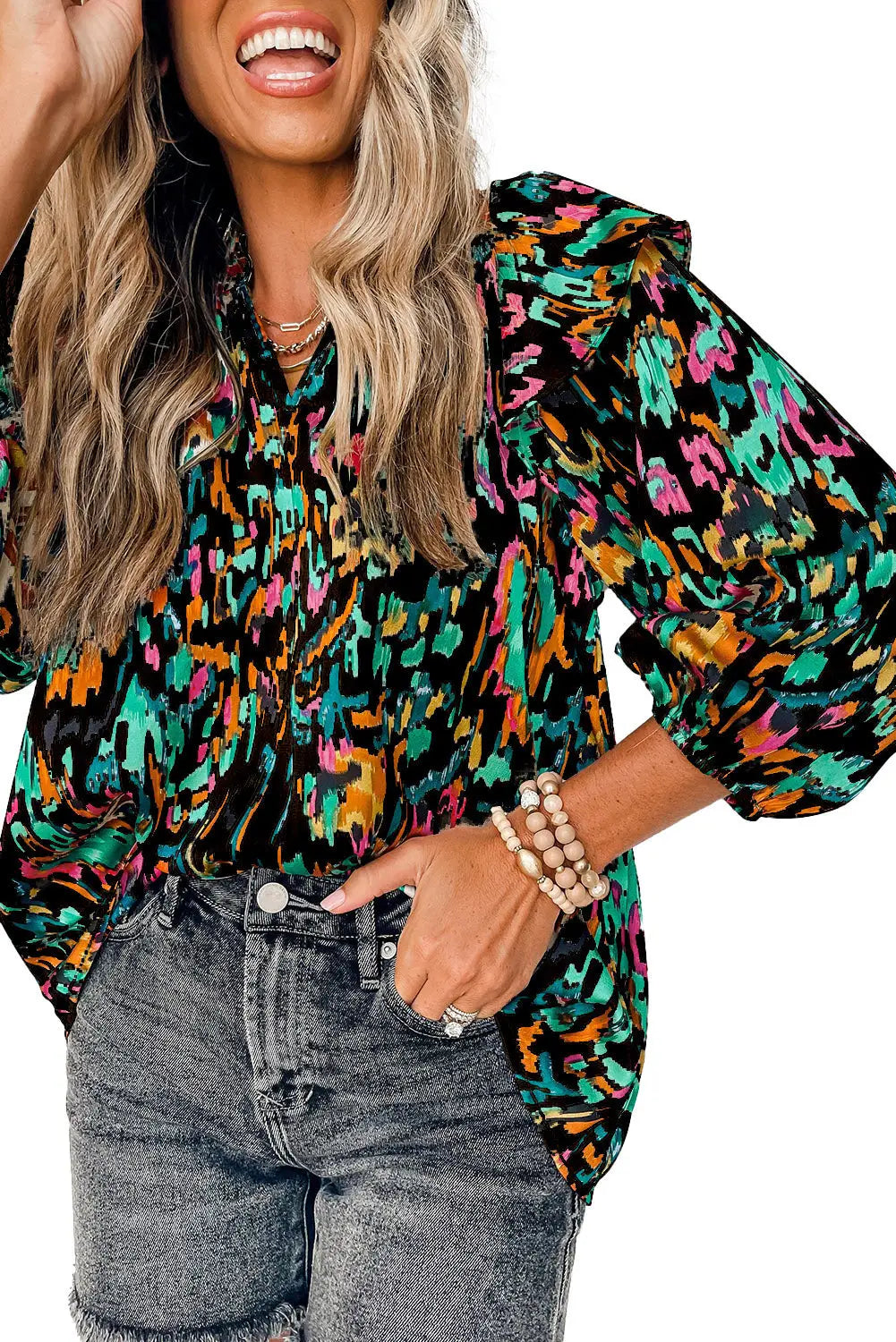 Multicolour abstract print 3/4 puff sleeve ruffle blouse - blouses & shirts