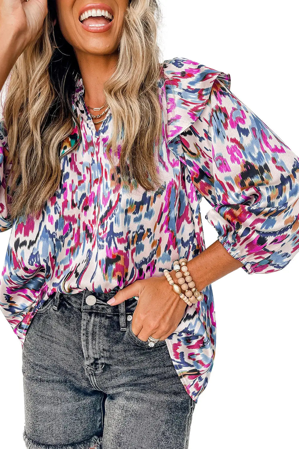 Multicolour abstract print 3/4 puff sleeve ruffle blouse - blouses & shirts
