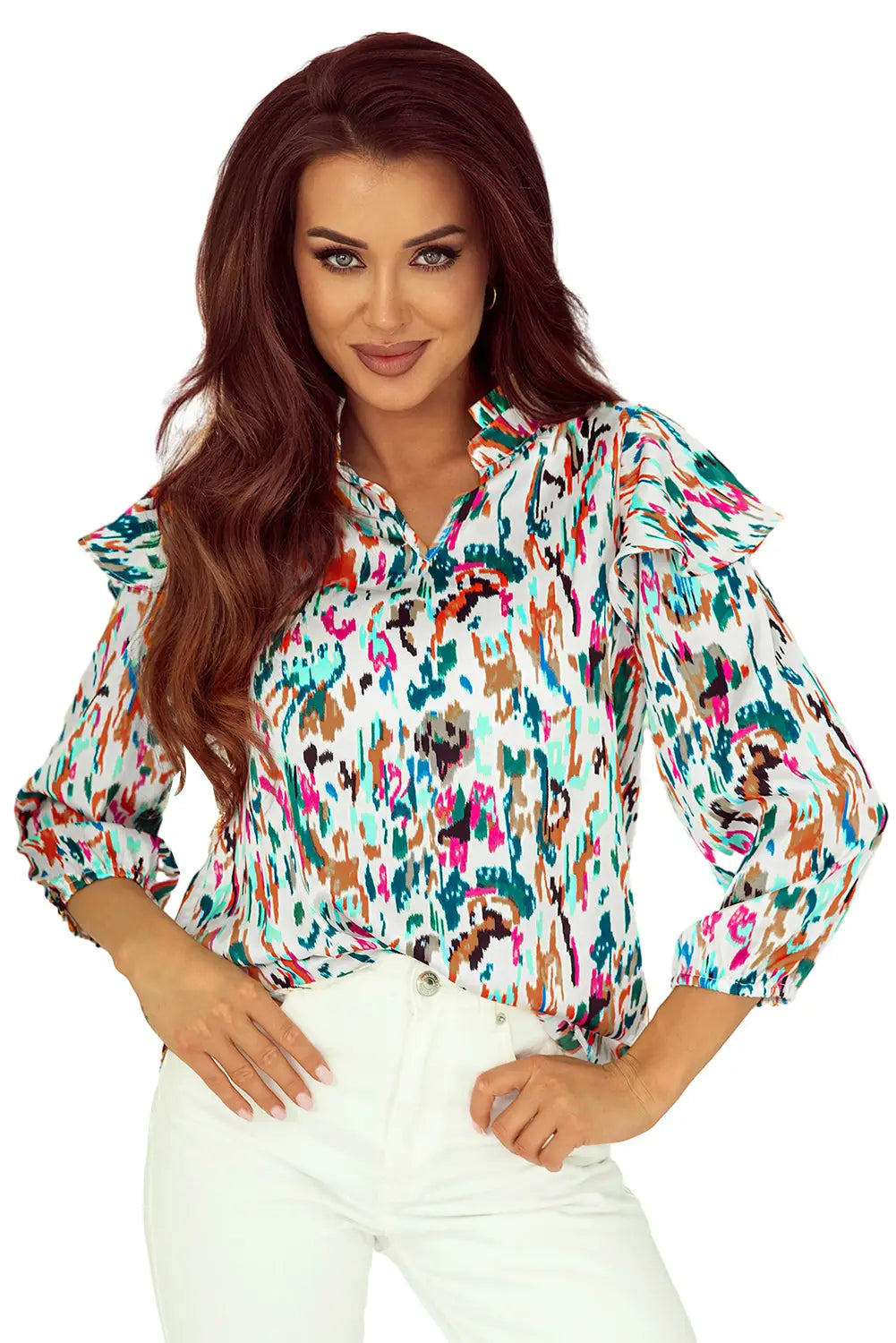 Multicolour abstract print 3/4 puff sleeve ruffle blouse - tops