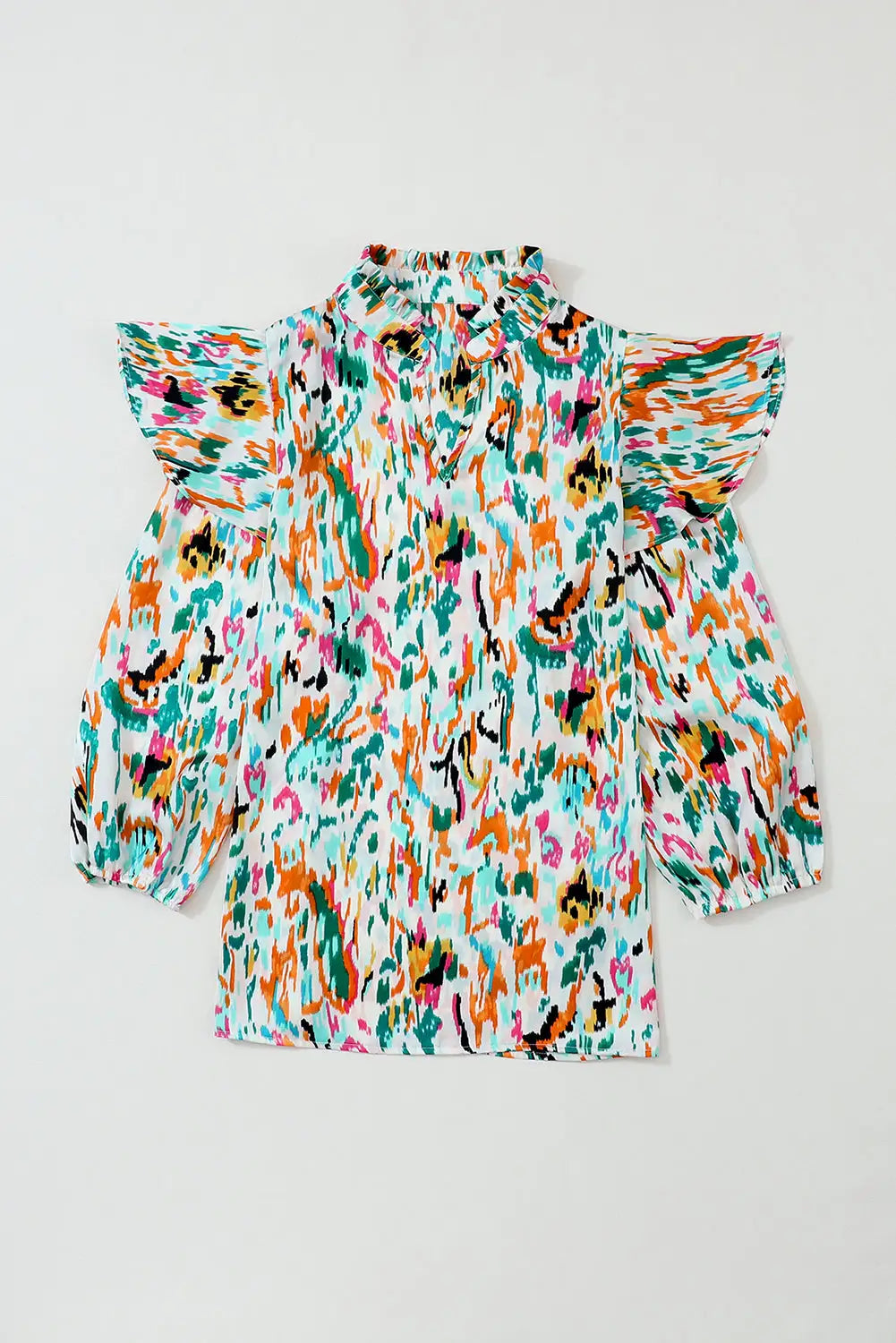 Multicolour abstract print 3/4 puff sleeve ruffle blouse - tops