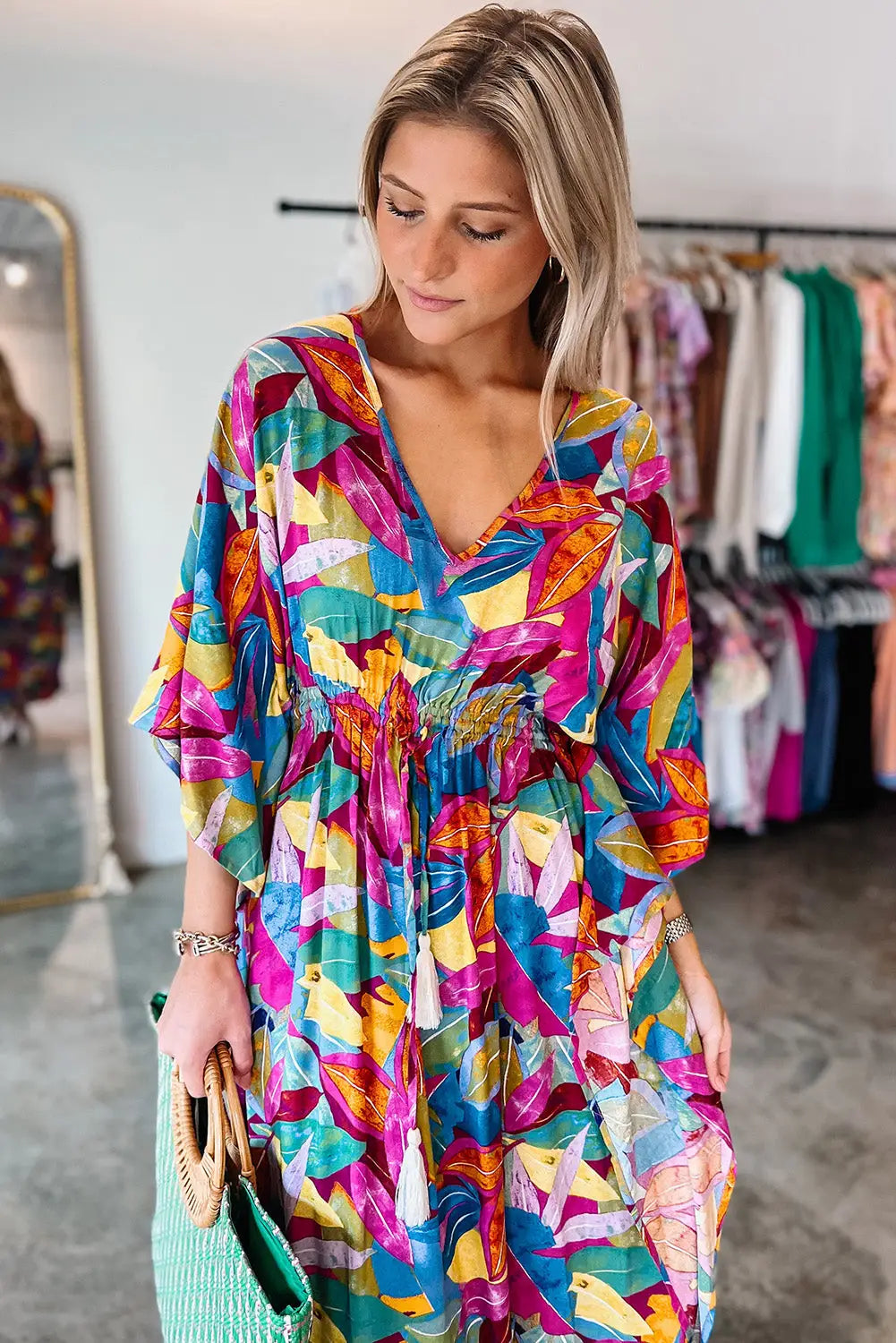 Multicolour abstract print high waist v neck maxi dress -