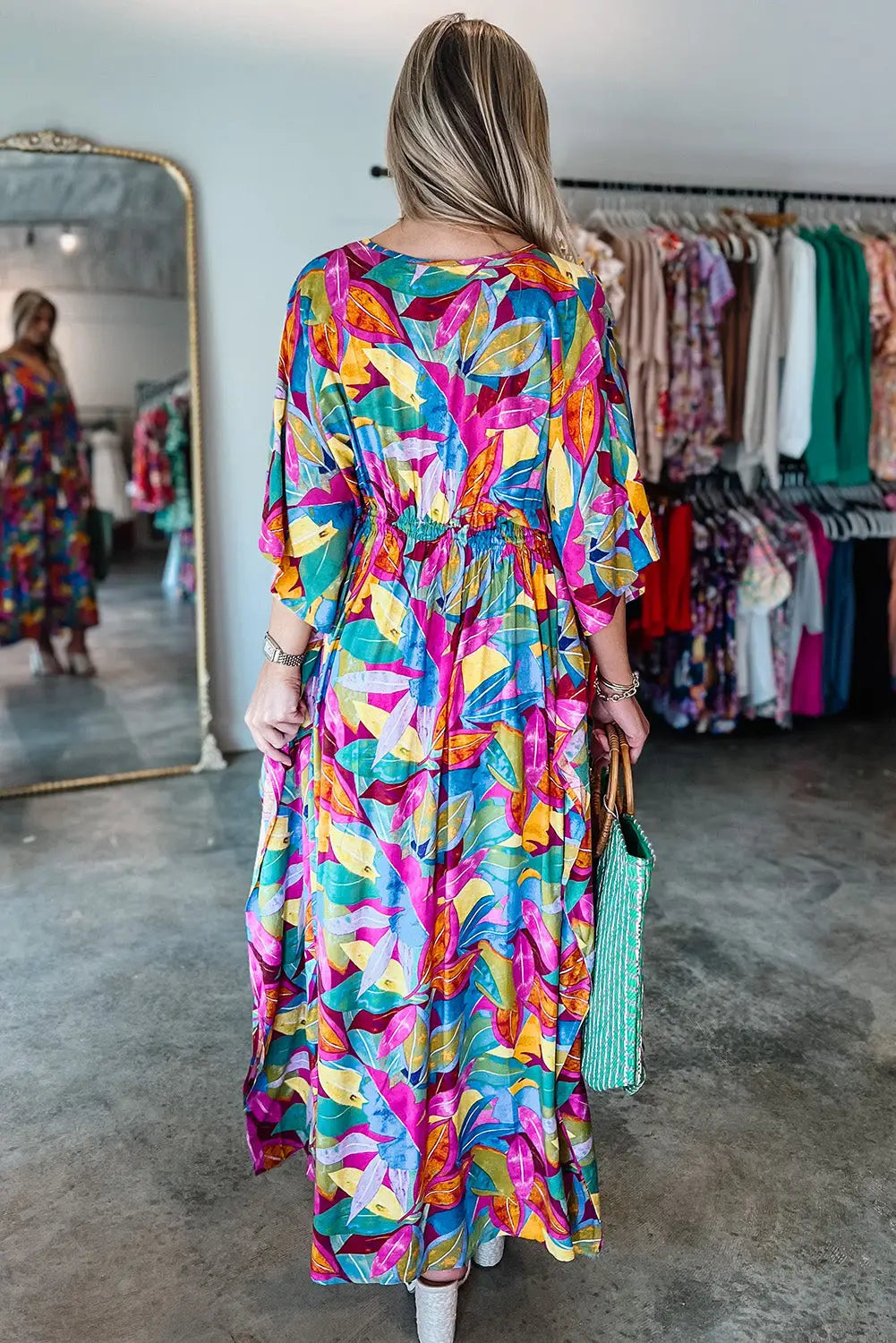 Multicolour abstract print high waist v neck maxi dress -
