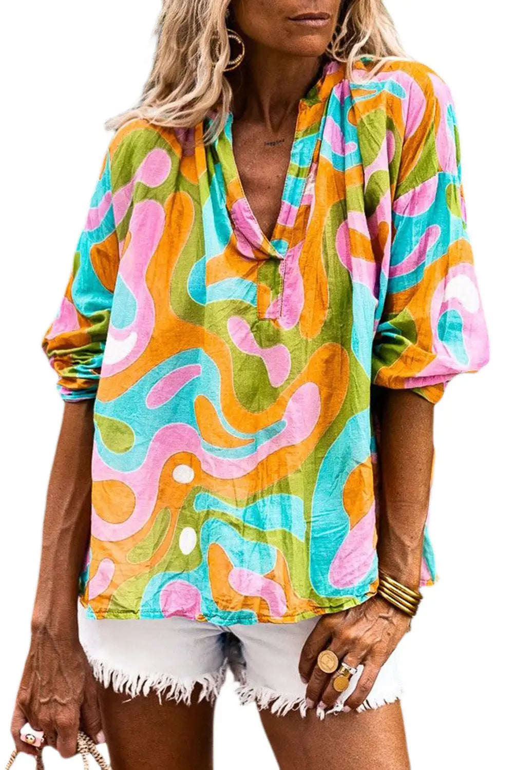 Multicolour abstract print v neck blouse - blouses & shirts