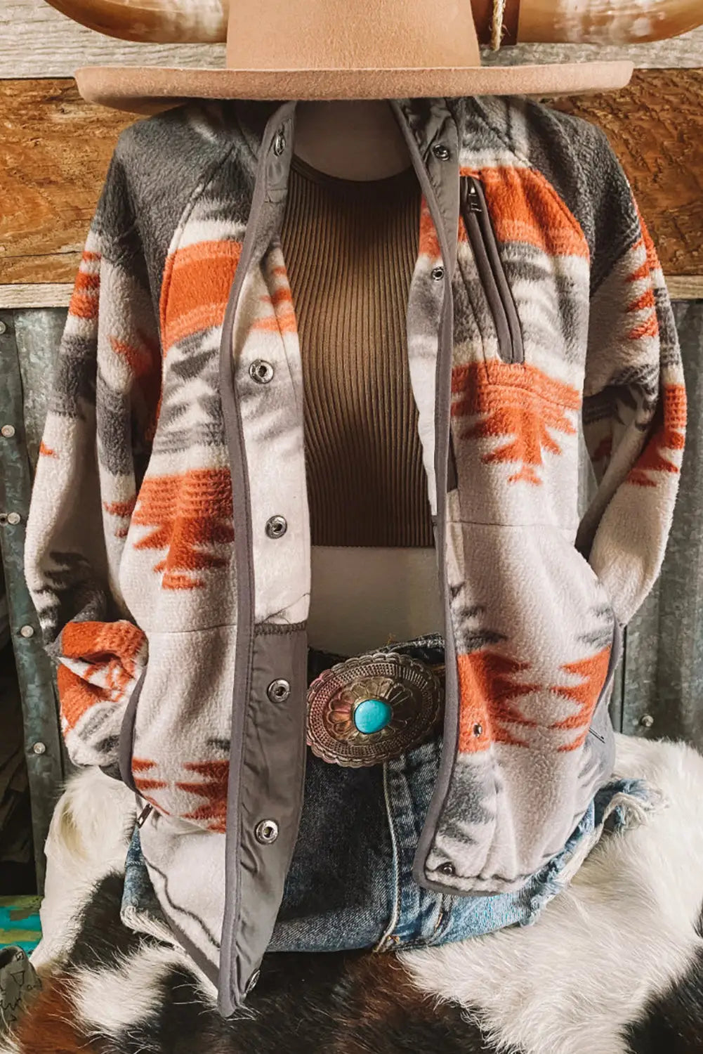 Multicolour aztec fleece patchwork snap button jacket - outerwear