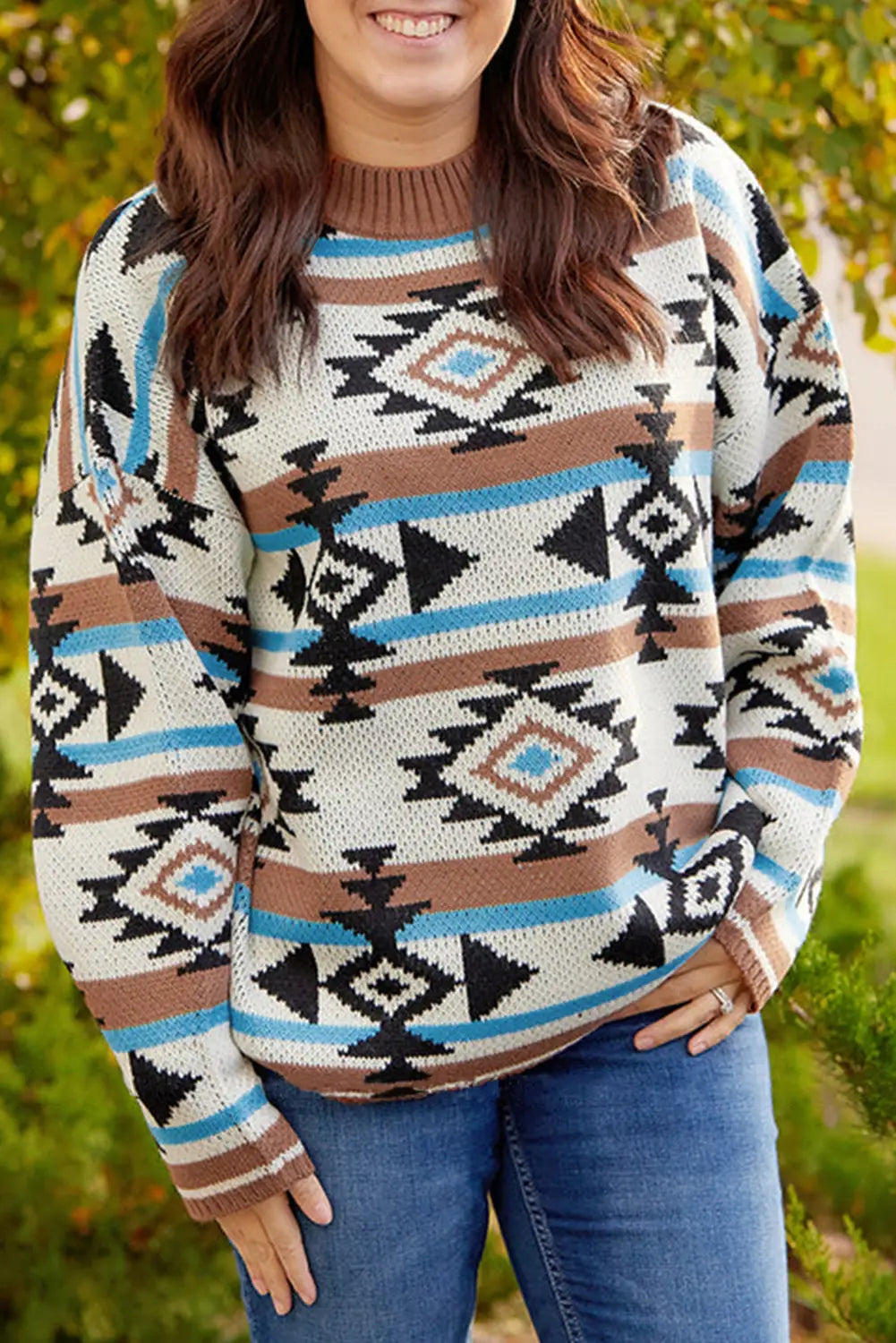 Multicolour aztec knit drop shoulder plus size sweater - 1x / 60% cotton + 40% acrylic