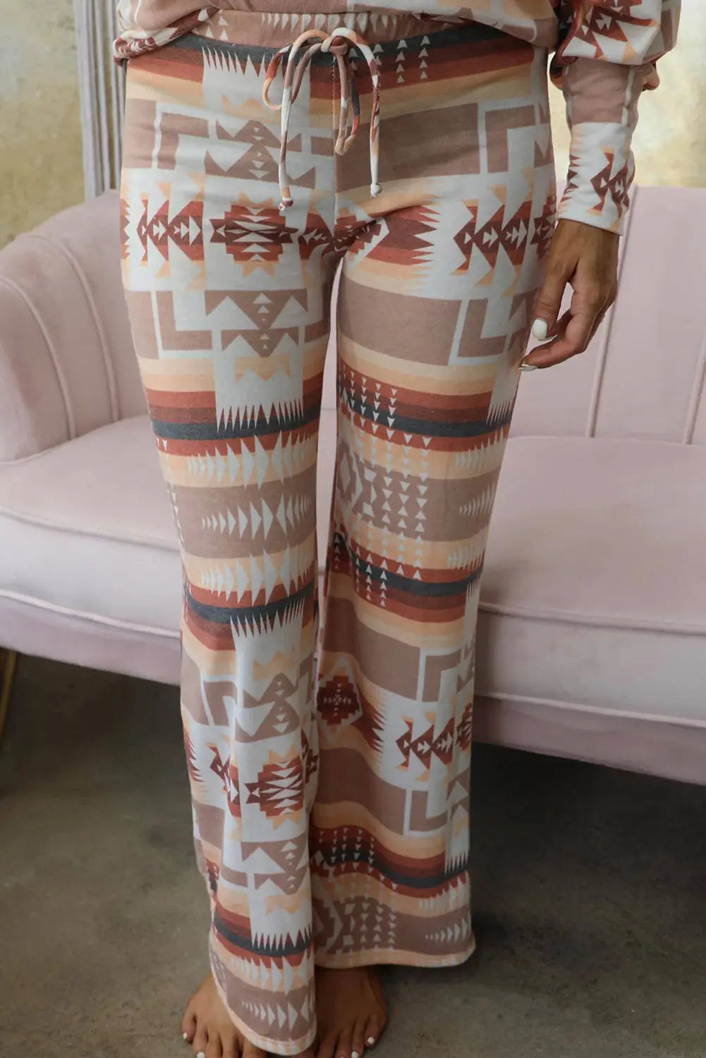 Multicolour aztec print puff sleeve pullover and pants lounge outfit - loungewear