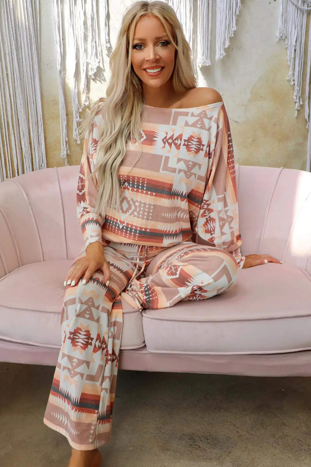Multicolour aztec print puff sleeve pullover and pants lounge outfit - loungewear