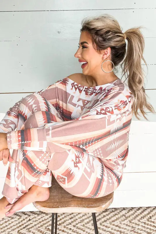 Multicolour aztec print puff sleeve pullover and pants lounge outfit - loungewear