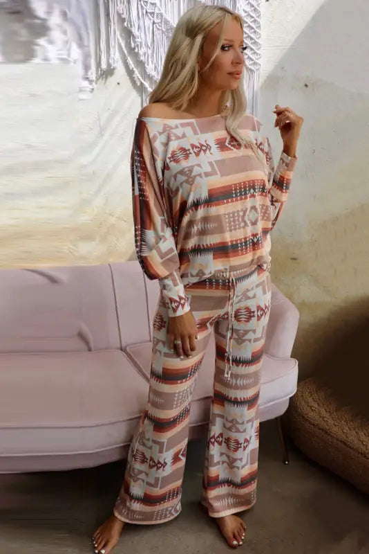 Multicolour aztec print puff sleeve pullover and pants lounge outfit - loungewear