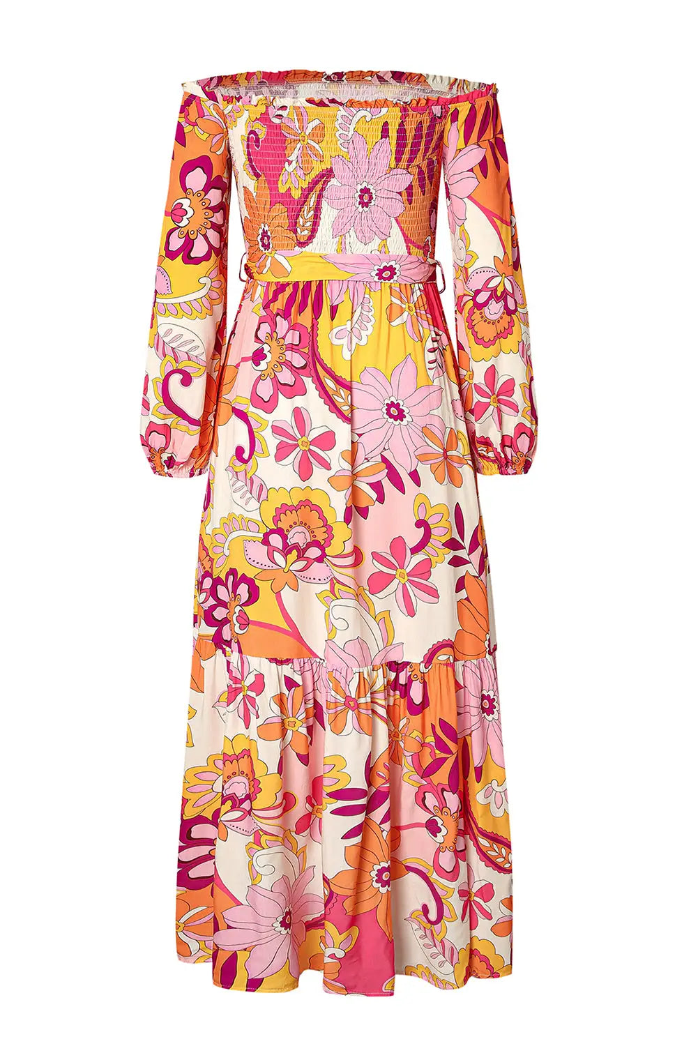 Multicolour boho floral smocked off shoulder puff sleeve maxi dress - dresses