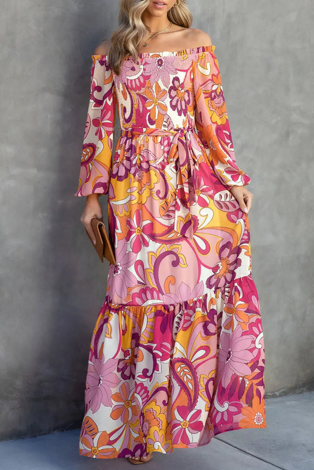 Multicolour boho floral smocked off shoulder puff sleeve maxi dress - s / 100% viscose - dresses