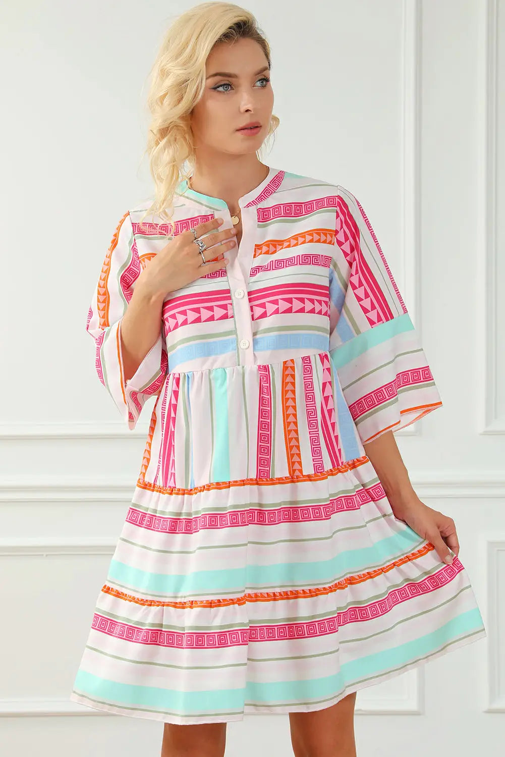 Multicolour boho geometric print bracelet sleeve buttoned mini dress - dresses
