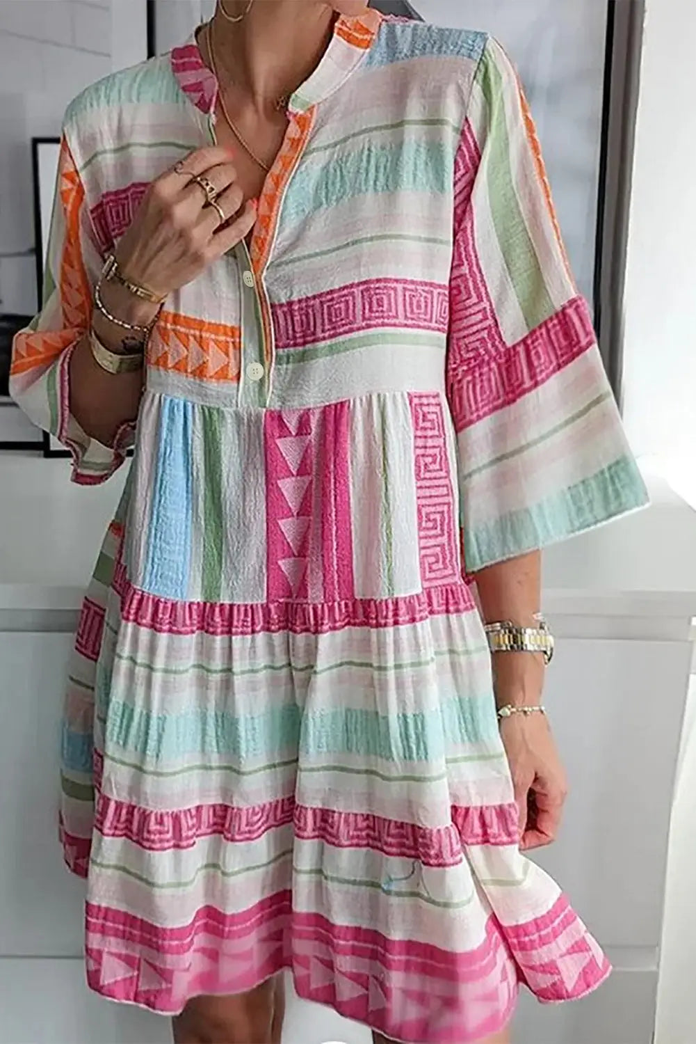 Multicolour boho geometric print bracelet sleeve buttoned mini dress - dresses