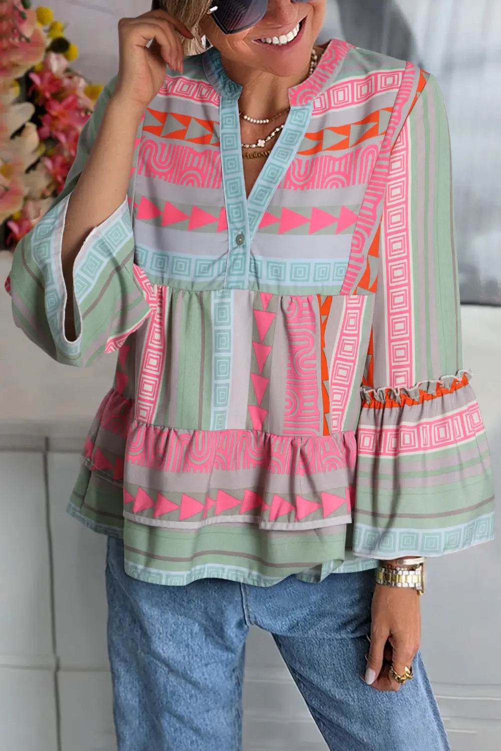 Multicolour boho geometric print split neck ruffle blouse - s / 100% polyester - tops