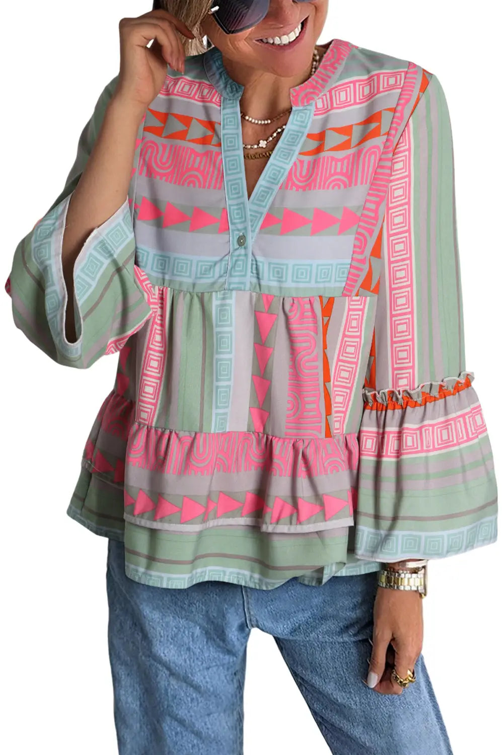 Multicolour boho geometric print split neck ruffle blouse - tops