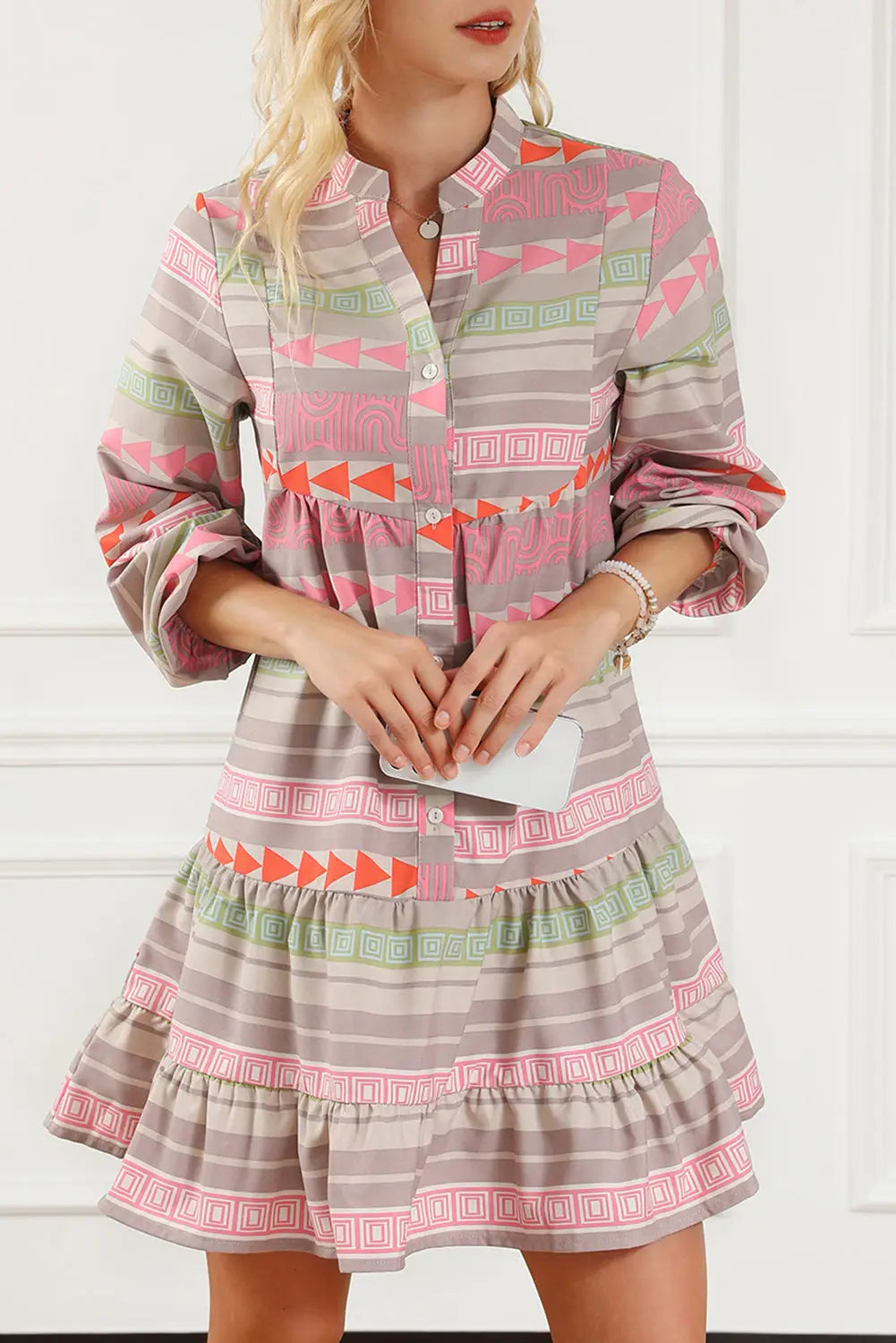 Multicolour boho print puff sleeve buttoned babydoll dress - mini dresses