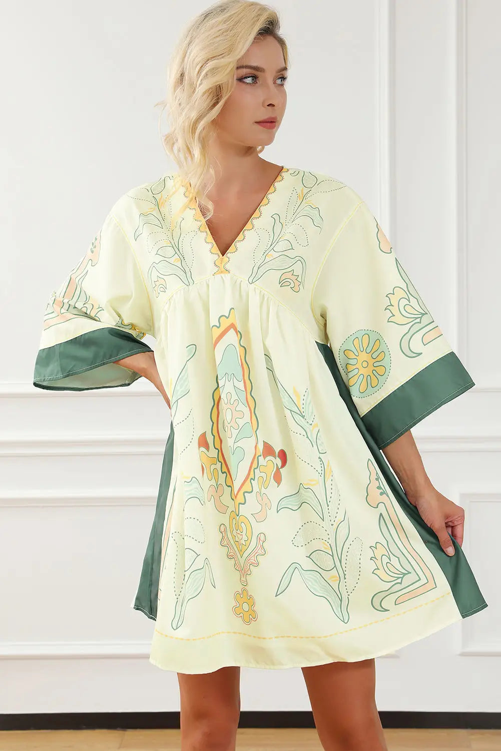 Multicolour boho print v neck empire waist short kimono dress - mini dresses