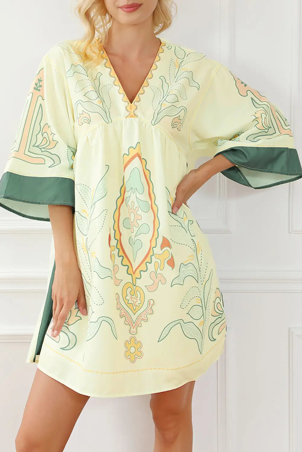 Multicolour boho print v neck empire waist short kimono dress - l / 100% polyester - mini dresses