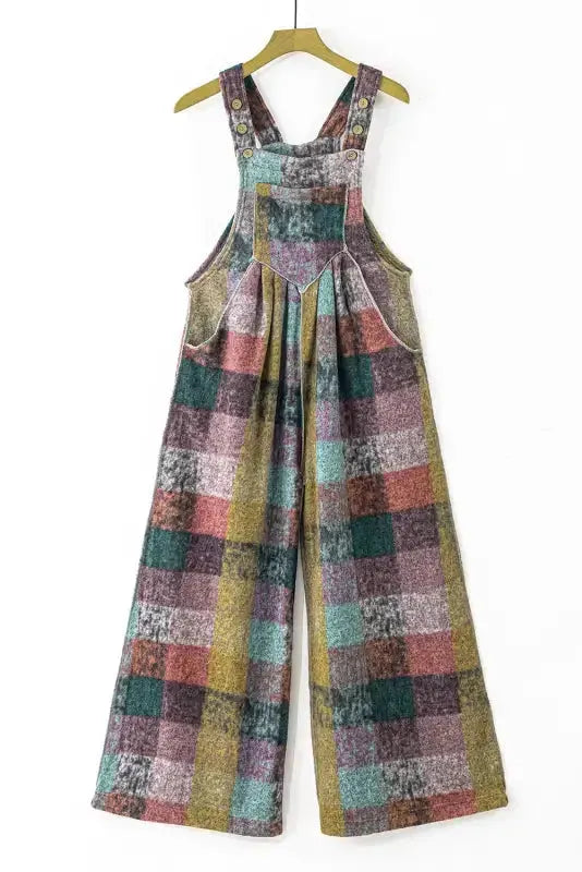 Multicolour Brushed Checkered Wide Leg Overalls - Fashionfitz