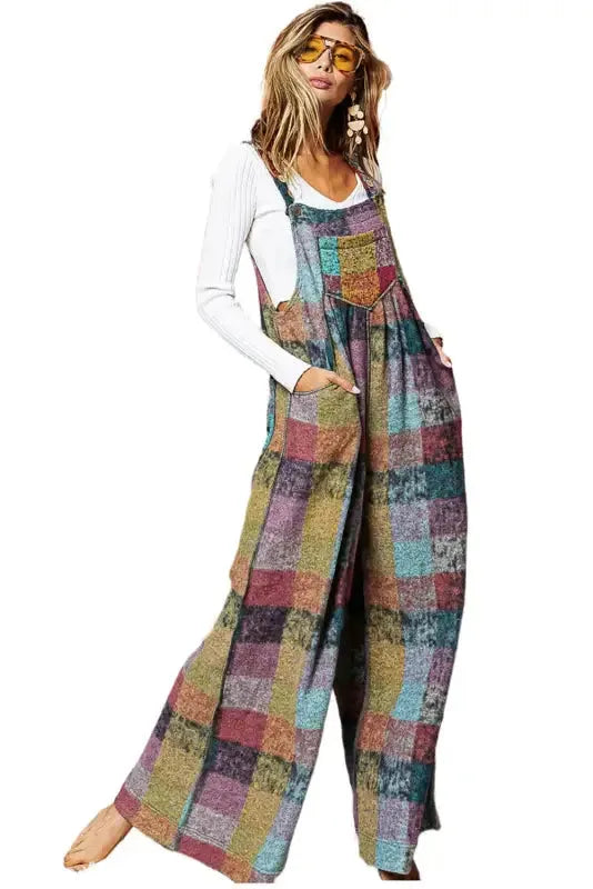 Multicolour Brushed Checkered Wide Leg Overalls - Fashionfitz