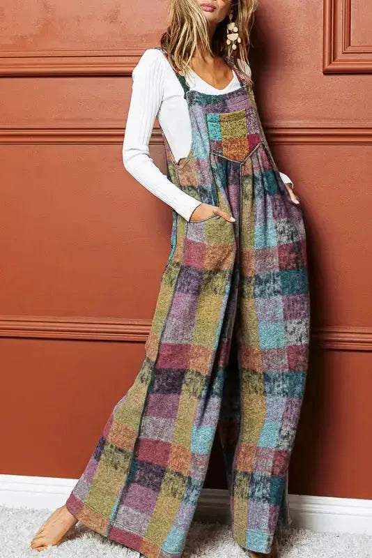 Multicolour Brushed Checkered Wide Leg Overalls - Fashionfitz
