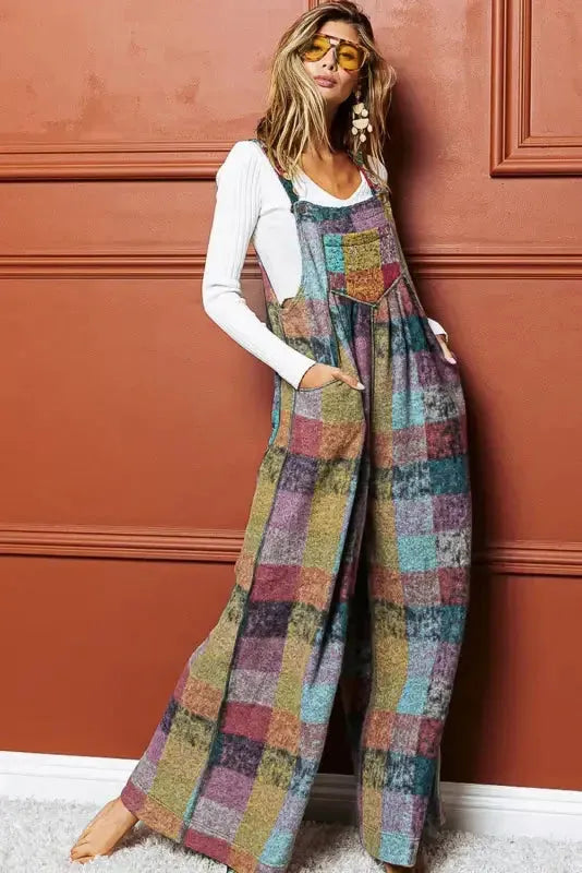 Multicolour Brushed Checkered Wide Leg Overalls - Fashionfitz