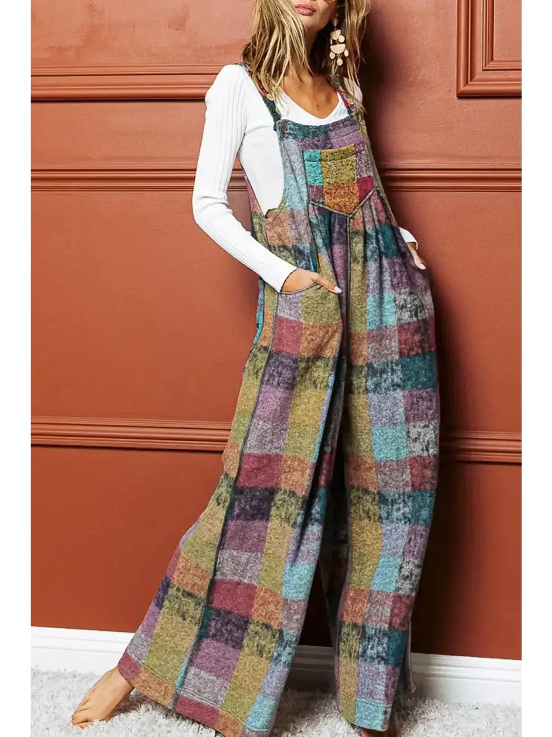 Multicolour brushed checkered wide leg overalls - l / 100% polyester - jumpsuits & rompers