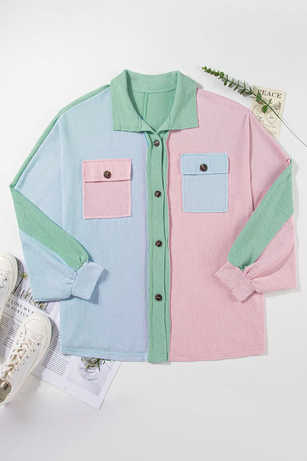 Multicolour color block patchwork corduroy pocketed jacket - outerwear