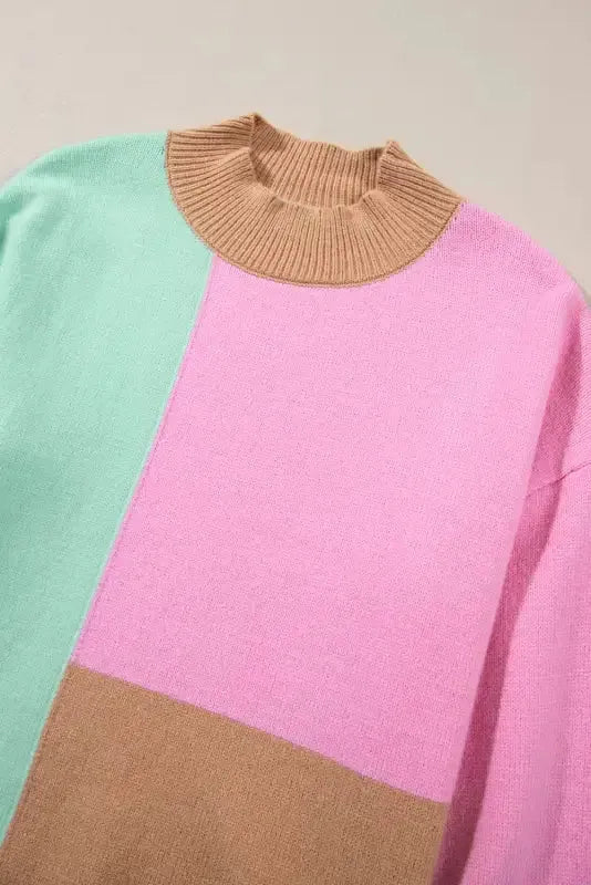 Multicolour Colorblock Mock Neck Ribbed Trim Sweater - Fashionfitz