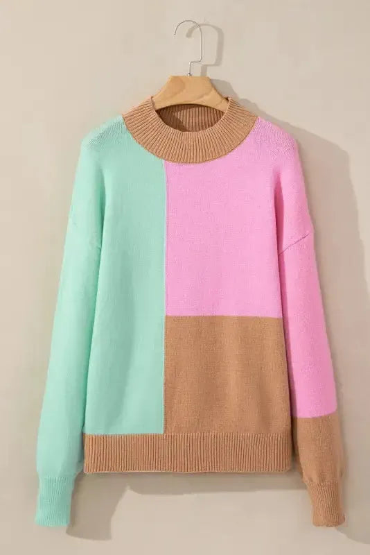 Multicolour Colorblock Mock Neck Ribbed Trim Sweater - Fashionfitz