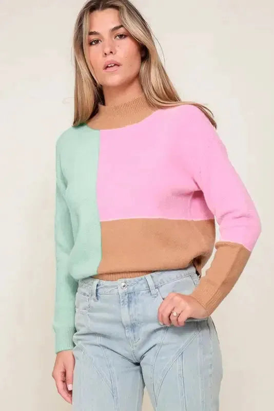 Multicolour Colorblock Mock Neck Ribbed Trim Sweater - Fashionfitz