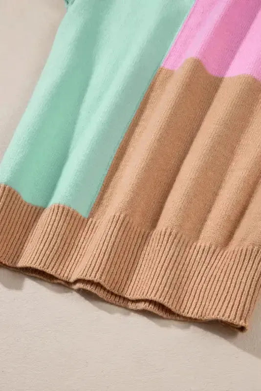 Multicolour Colorblock Mock Neck Ribbed Trim Sweater - Fashionfitz