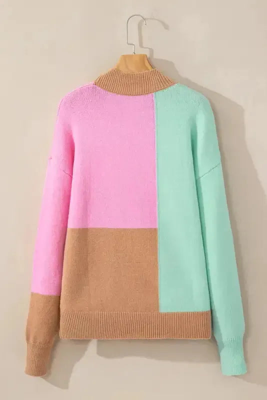 Multicolour Colorblock Mock Neck Ribbed Trim Sweater - Fashionfitz