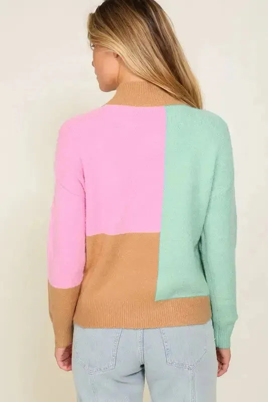Multicolour Colorblock Mock Neck Ribbed Trim Sweater - Fashionfitz