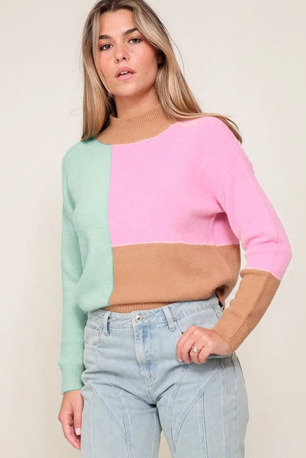 Multicolour colorblock mock neck ribbed trim sweater - sweaters & cardigans
