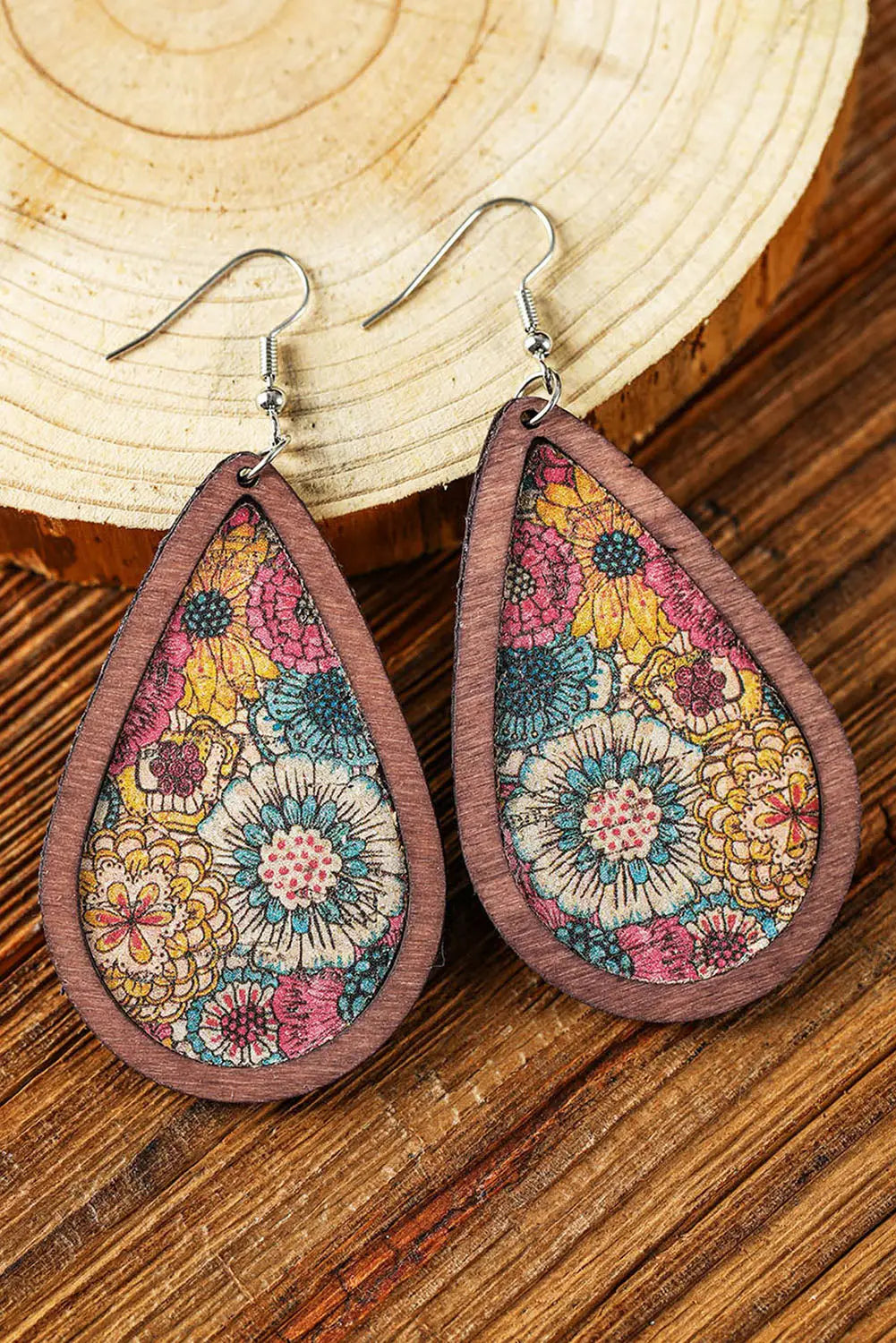 Multicolour contrast trim floral print drop earrings - one size / 100% wood