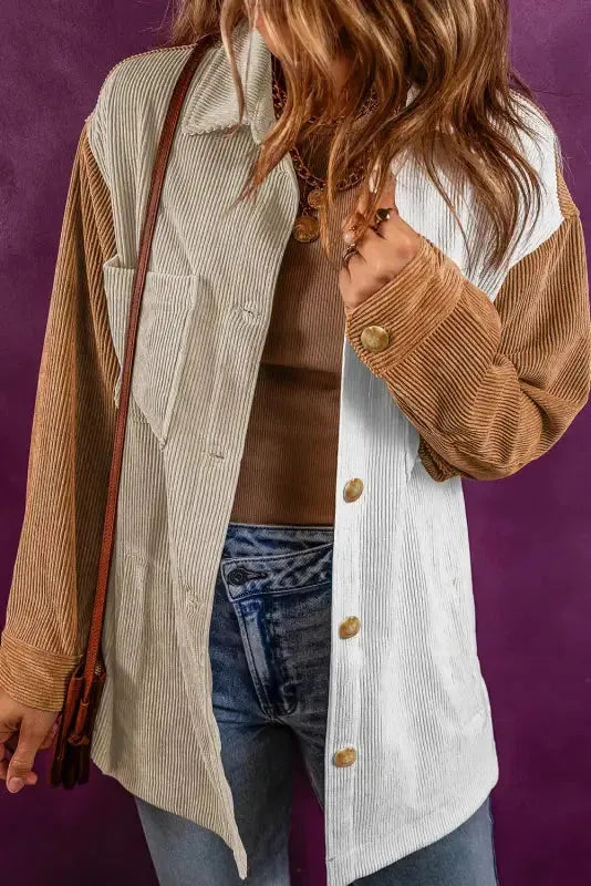 Multicolour Corduroy Colorblock Loose Shacket - Fashionfitz