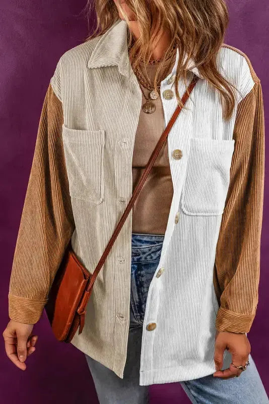 Multicolour Corduroy Colorblock Loose Shacket - Fashionfitz