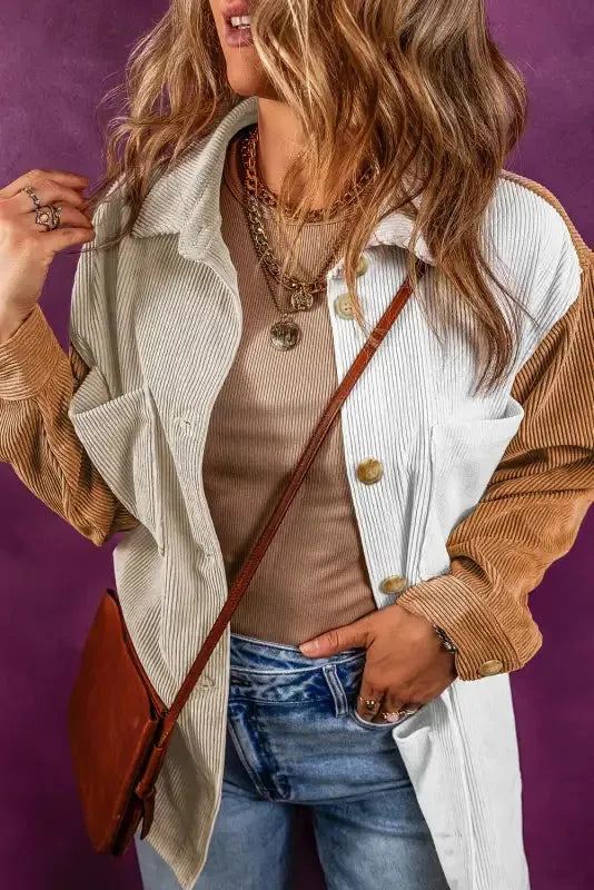 Multicolour Corduroy Colorblock Loose Shacket - Fashionfitz
