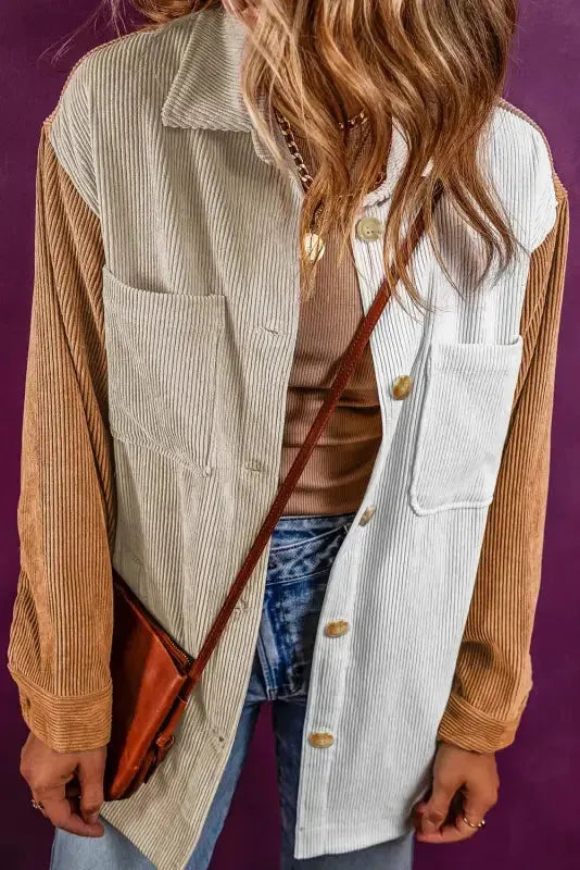 Multicolour Corduroy Colorblock Loose Shacket - Fashionfitz