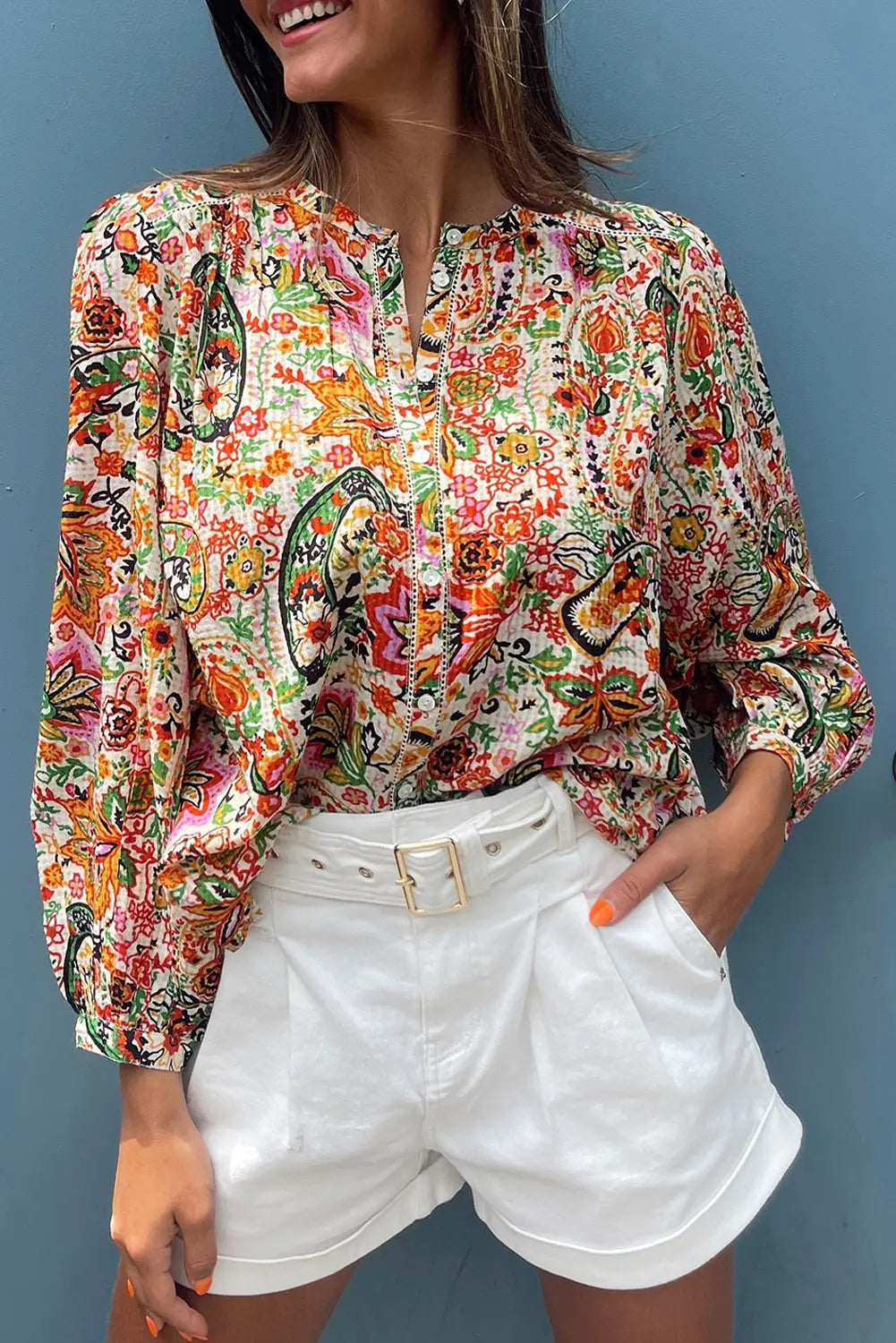 Multicolour floral print lace splicing button up puff sleeve shirt - s / 100% cotton - blouses & shirts