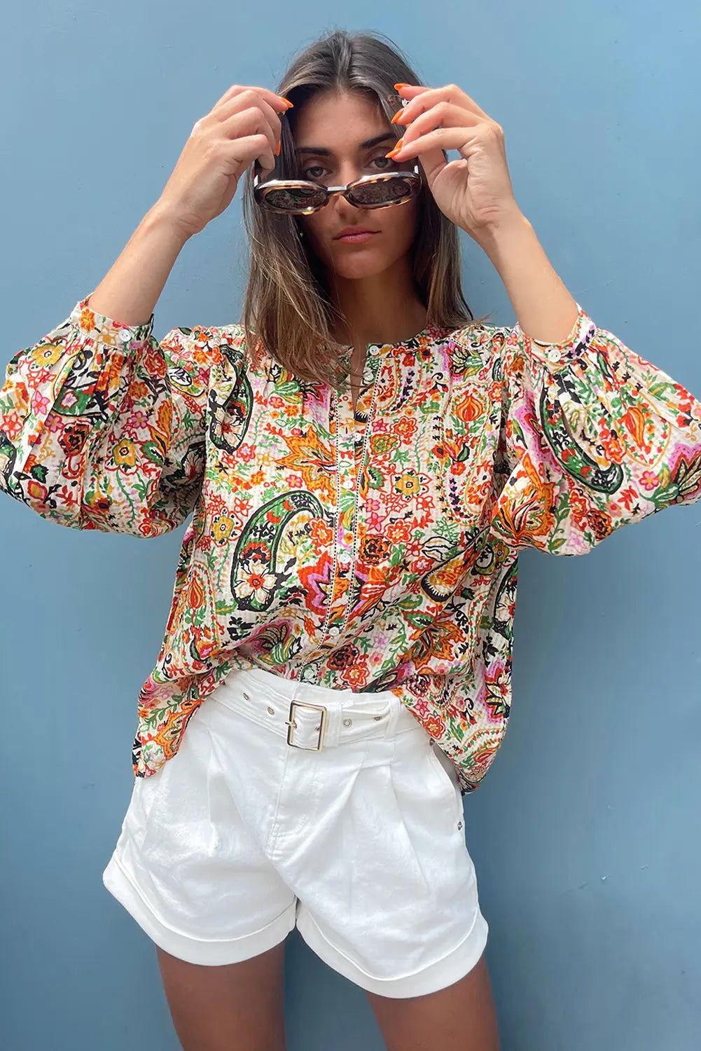 Multicolour floral print lace splicing button up puff sleeve shirt - blouses & shirts