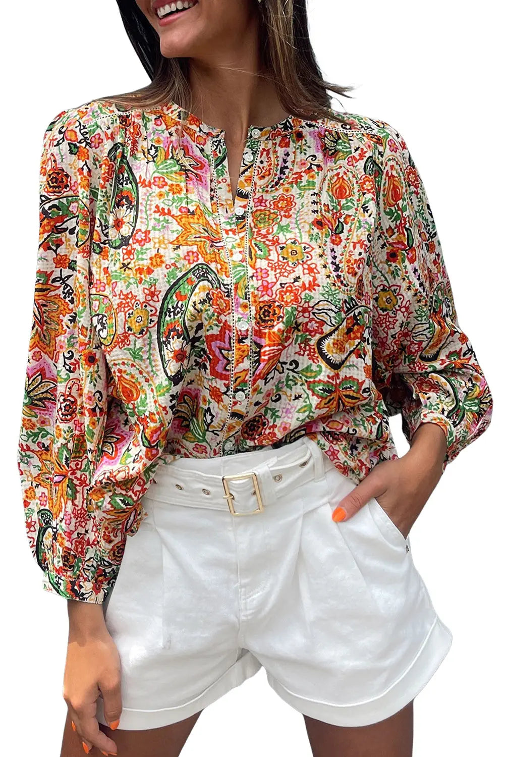 Multicolour floral print lace splicing button up puff sleeve shirt - blouses & shirts