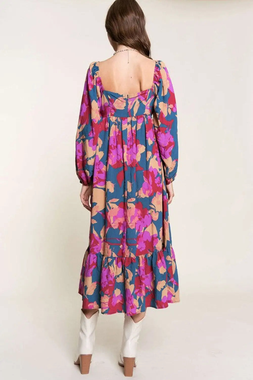 Multicolour floral print square neck ruffled high waist dress - maxi dresses