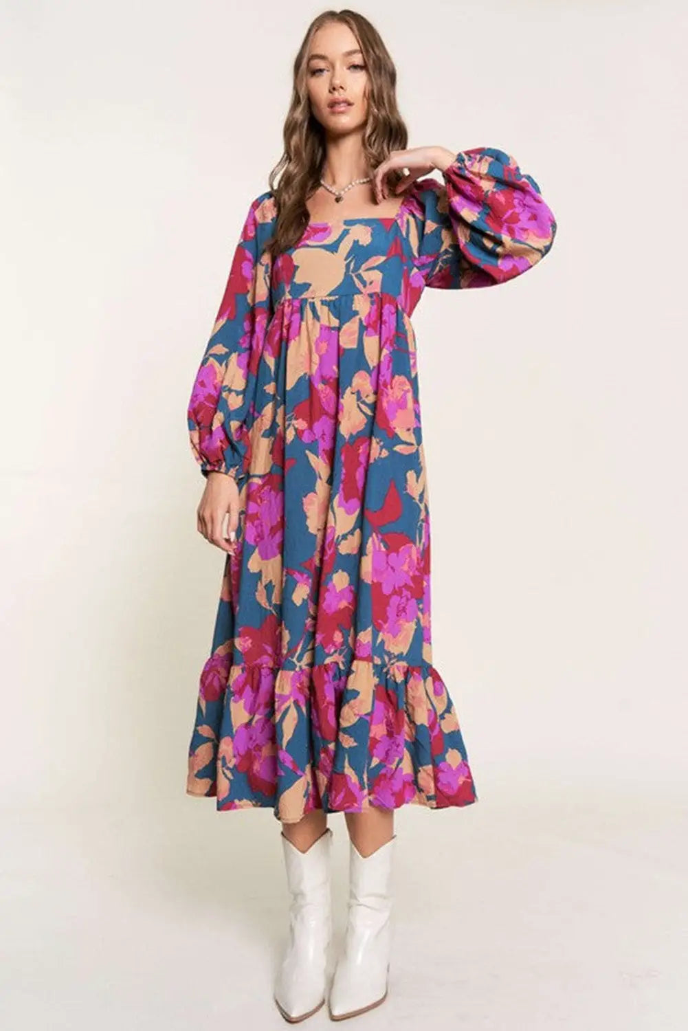 Multicolour floral print square neck ruffled high waist dress - maxi dresses