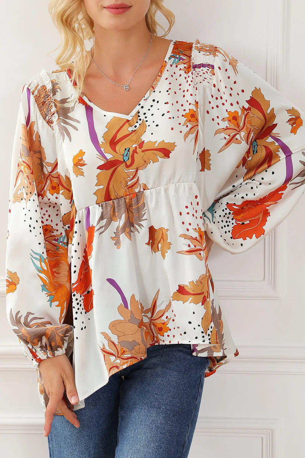 Multicolour floral print v neck babydoll blouse - s - blouses & shirts