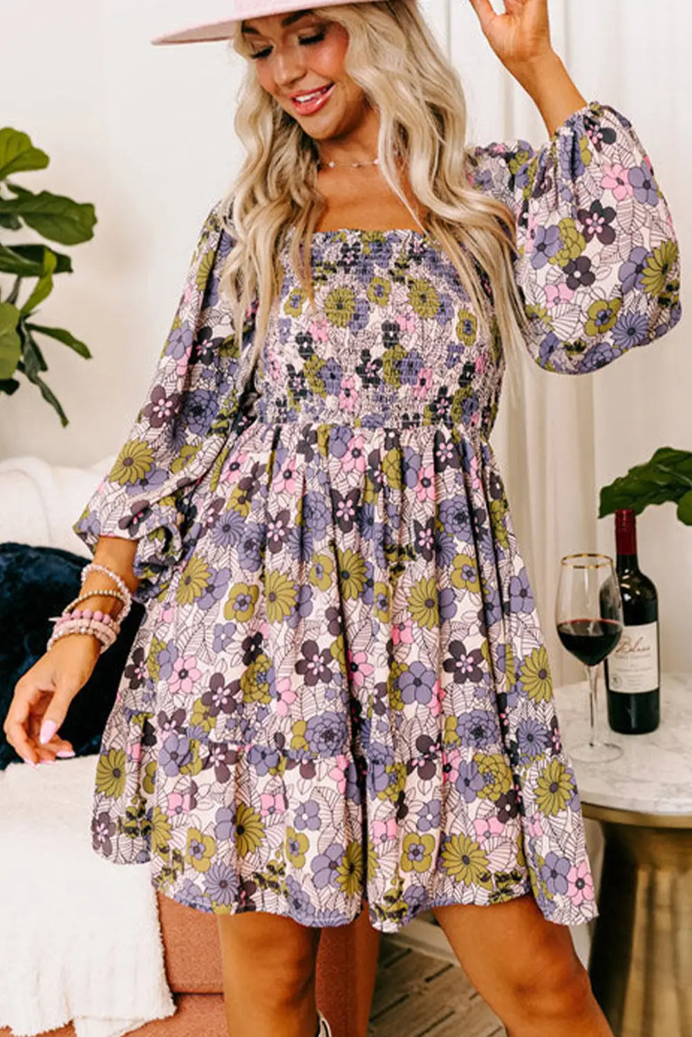 Multicolour floral smocked bust square neck ruffled dress - dresses