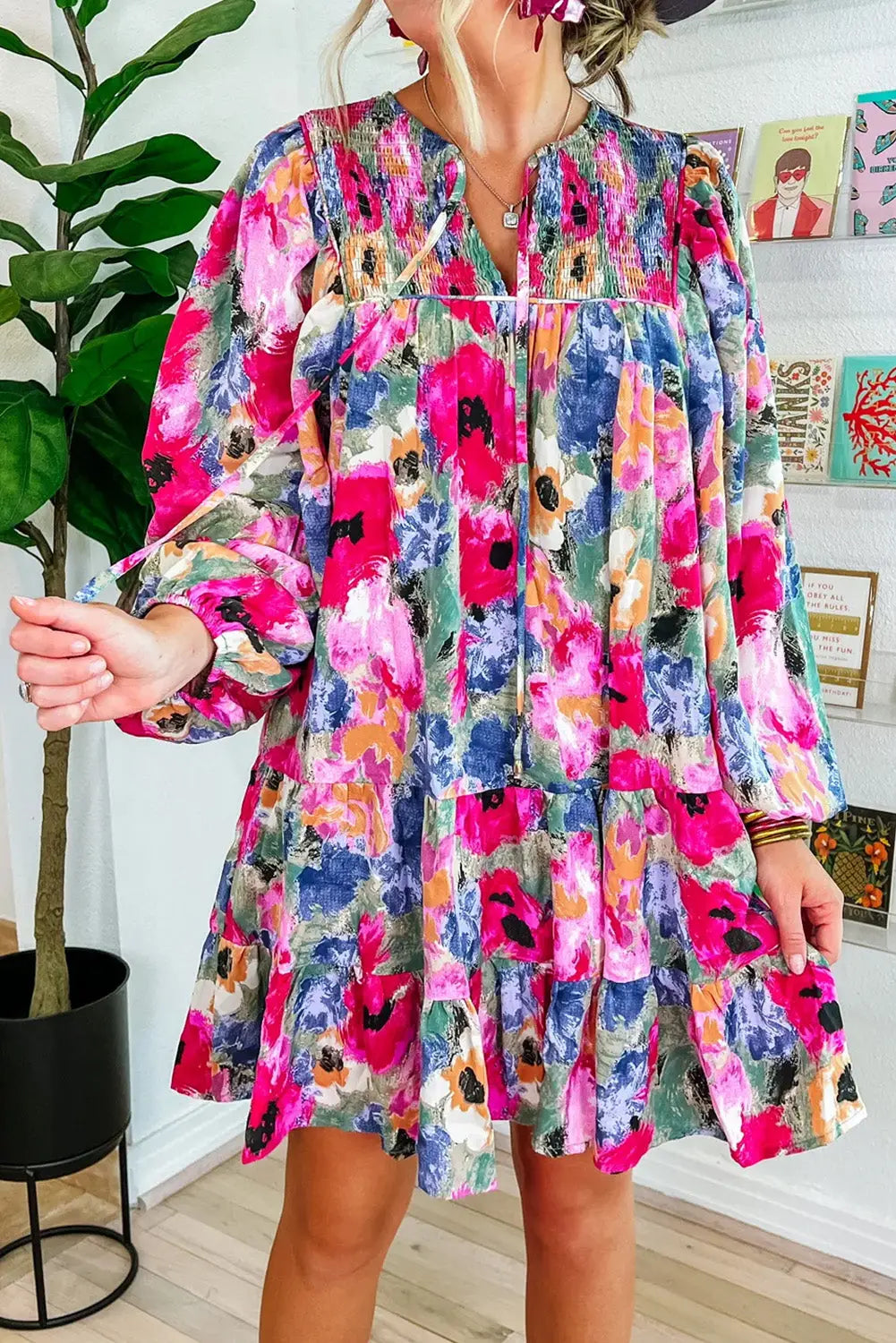 Multicolour floral tie neck bubble sleeve shift dress - s / 100% polyester - dresses