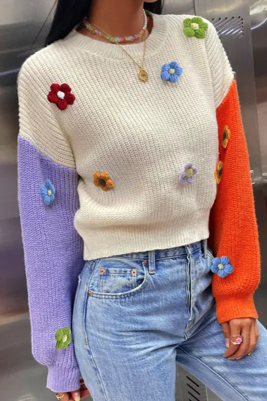 Multicolour flower applique colorblock drop shoulder sweater - sweaters & cardigans