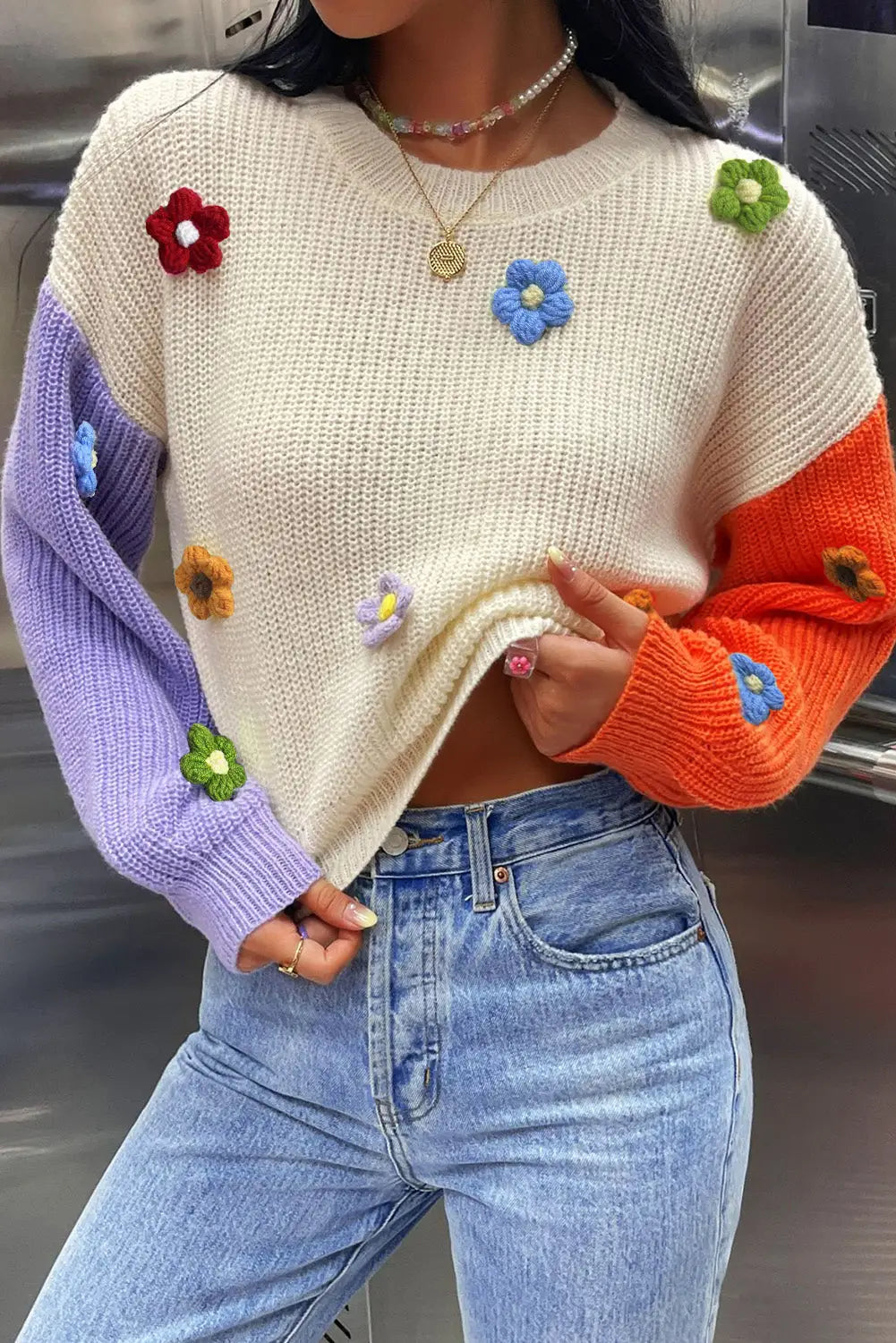 Multicolour flower applique colorblock drop shoulder sweater - l / 100% acrylic - sweaters & cardigans